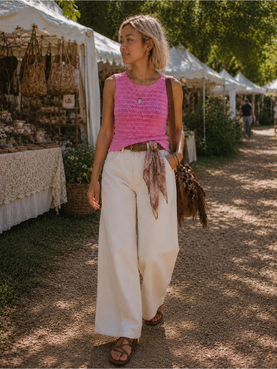Tops - Pink Crochet Sleeveless Knit Top